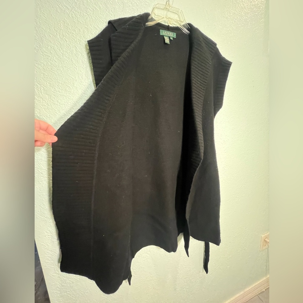 LAUREN RALPH LAUREN Black Knit Short Sleeve Hooded Longline Cardigan Size XS - Picture 12 of 13
